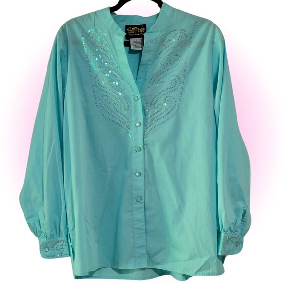 EUC AQUA BLUE EMBELLISHED IRIDESCENT SEQUINS LONG SLEEVE BLOUSE TOP WOMEN'S L - Picture 1 of 4